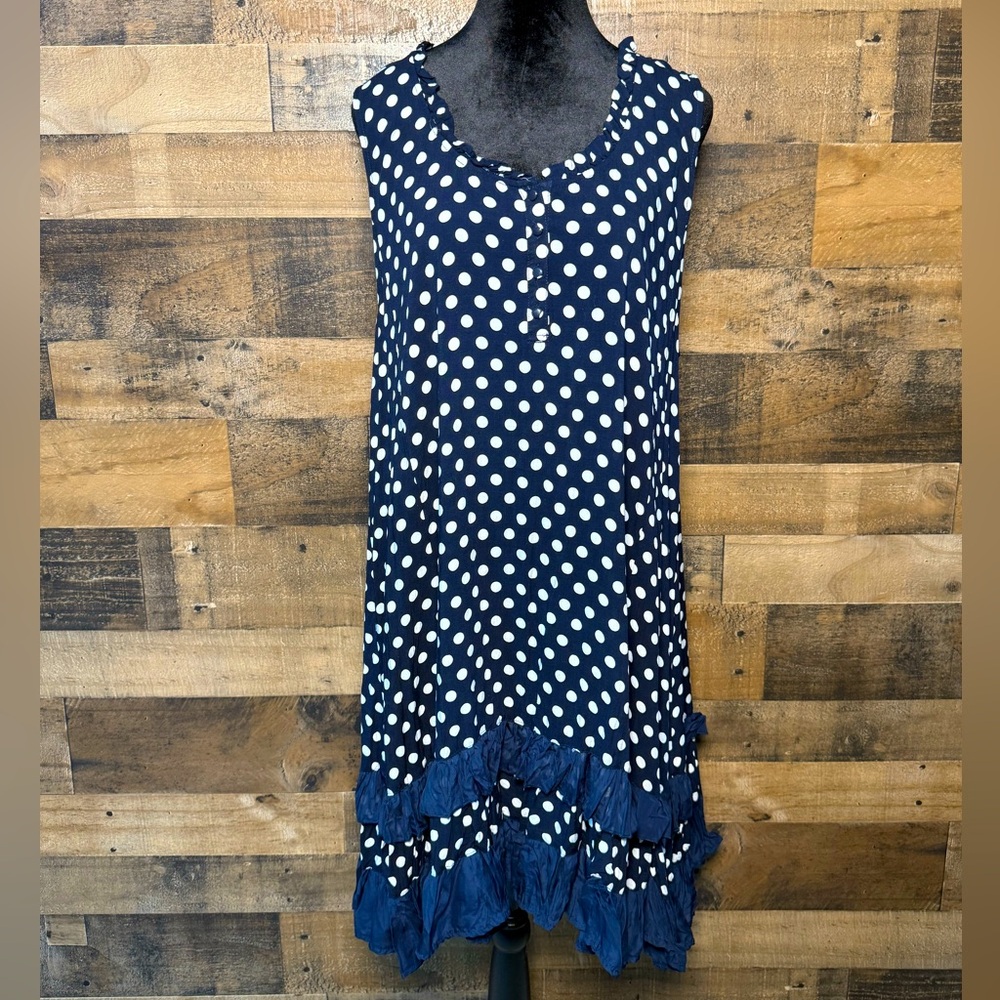 Raindrops Women's Navy Blue White Sleeveless Shift Dress Polka Dot Ruffle XL